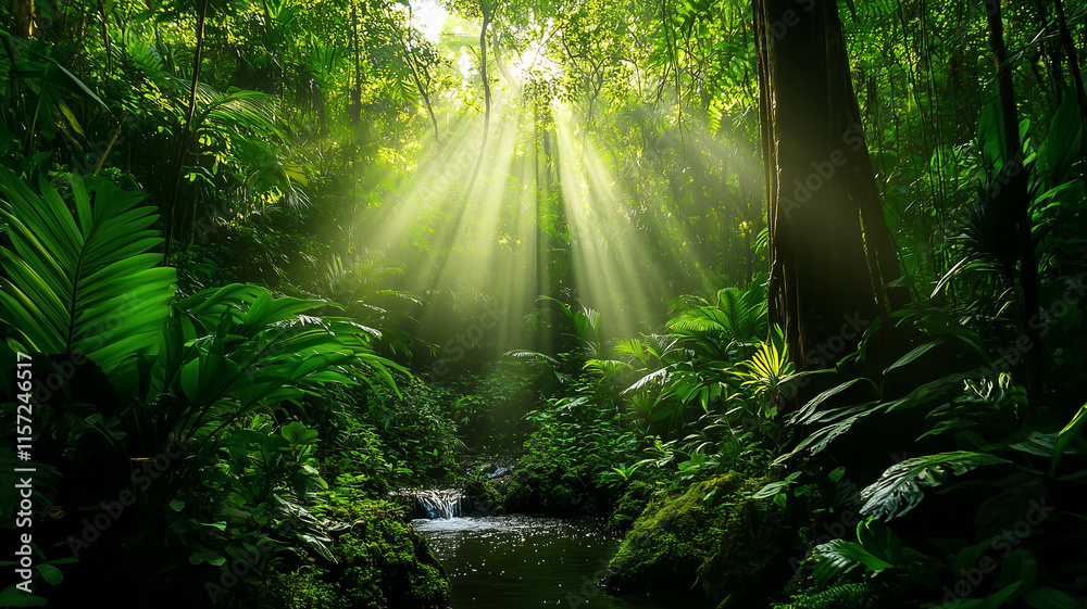 Obraz premium A serene and inviting green forest with sunlight filtering through the canopy, casting soft light over a gentle stream. Ai generated