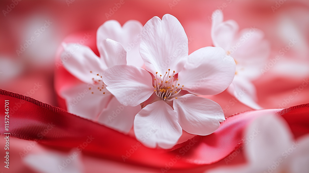 Fototapeta premium A serene moment where cherry blossoms bloom gracefully with a red satin ribbon draped across the petals, evoking a sense of tranquility and elegance. Ai generated
