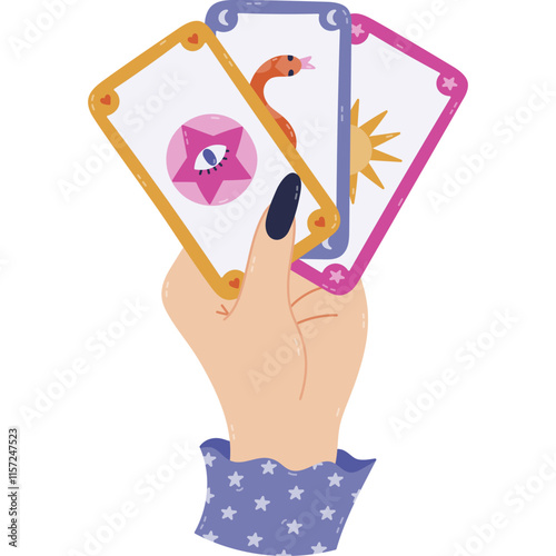 Lovely cartoon women hand with tarot cards as symbol of fortune teller, divination, future reading. Hand drawn concept of cartomancy with cards with pentagram, all seeing eye, snake esoteric sun.