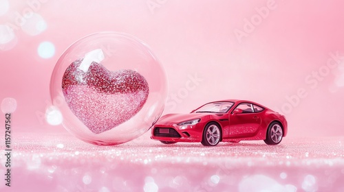 A large glass heart with a real red premium car, glitter inside the ball.