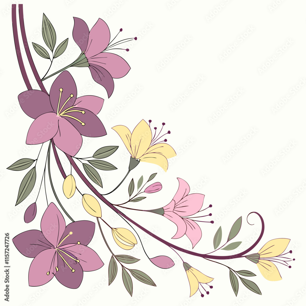 Fototapeta premium A vibrant botanical wedding frame featuring violet, pink, and yellow flowers, perfect for wedding invitations, decor, and photography projects.