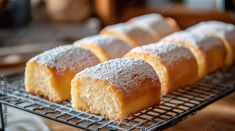 Freshly baked sponge cake rolls cooling on a wire rack, with a light dusting of powdered sugar. Freshly baked sponge cake rolls cooling on a wire rack, with a light dusting of powdered sugar.