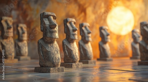 Row of Moai Statues Against a Rising Sun