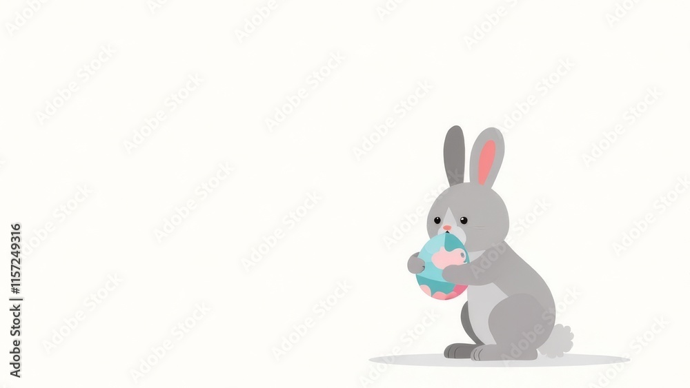 Cute bunny holding an Easter egg in his paws, white background. Place for text, congratulations. Happy Easter day concept and idea Cute bunny holding an Easter egg in his paws, white background. Place for text, congratulations. Happy Easter day concept and idea