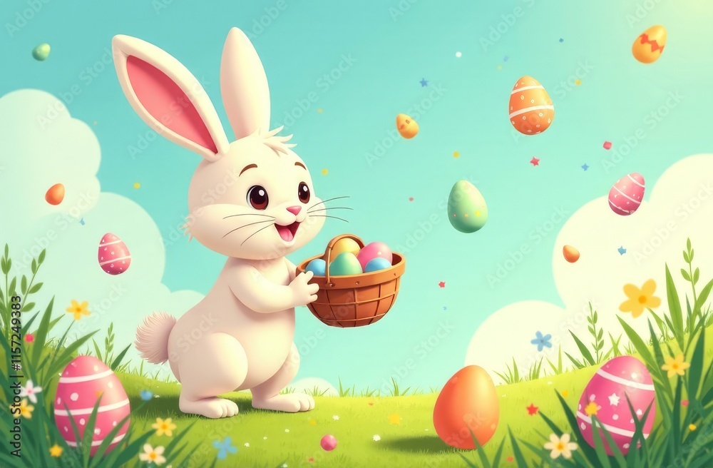 A cute rabbit holds a basket in its paws, runs, jumps on the grass, and catches Easter eggs coming from the sky. Happy Easter day concept and idea A cute rabbit holds a basket in its paws, runs, jumps on the grass, and catches Easter eggs coming from the sky. Happy Easter day concept and idea