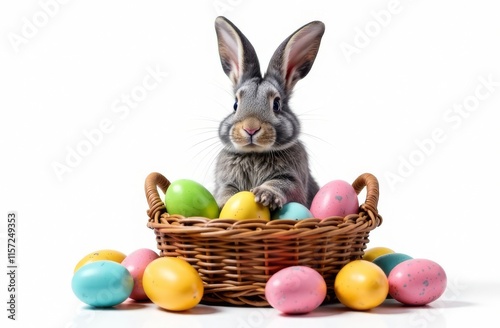 A cute bunny sits in a basket with Easter eggs around. white background. Place for text, congratulations. Happy Easter day concept and idea photo