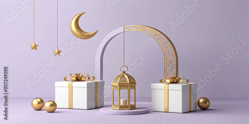 Islamic background, Gift box, lantern, gold crescent moon on white. Design concept of ramadan kareem, mawlid, iftar, isra and miraj or eid al fitr adha 3D illustration.  photo