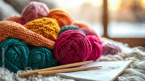 Colorful Yarn Balls and Knitting Needles on Cozy Blanket Background