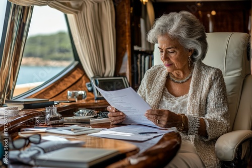 A poised older woman on a yacht reviews paperwork with meticulous attention, set against a backdrop of deluxe interiors, demonstrating affluence and grace.