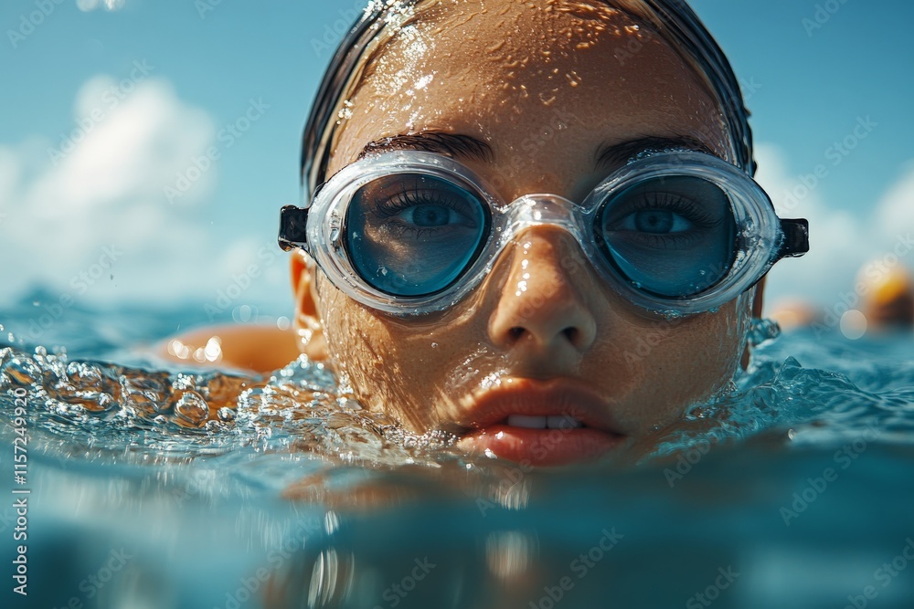 Fototapeta premium A woman swimming in clear water with a relaxed face and clear goggles on, showcasing tranquility and grace in motion, combined with nature's refreshment and peace.