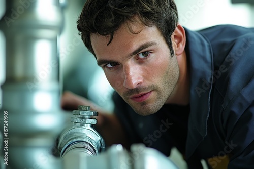 A young technician in work overalls inspects a complex industrial piping system, showcasing his vigilant attention to detail and technical competency. photo