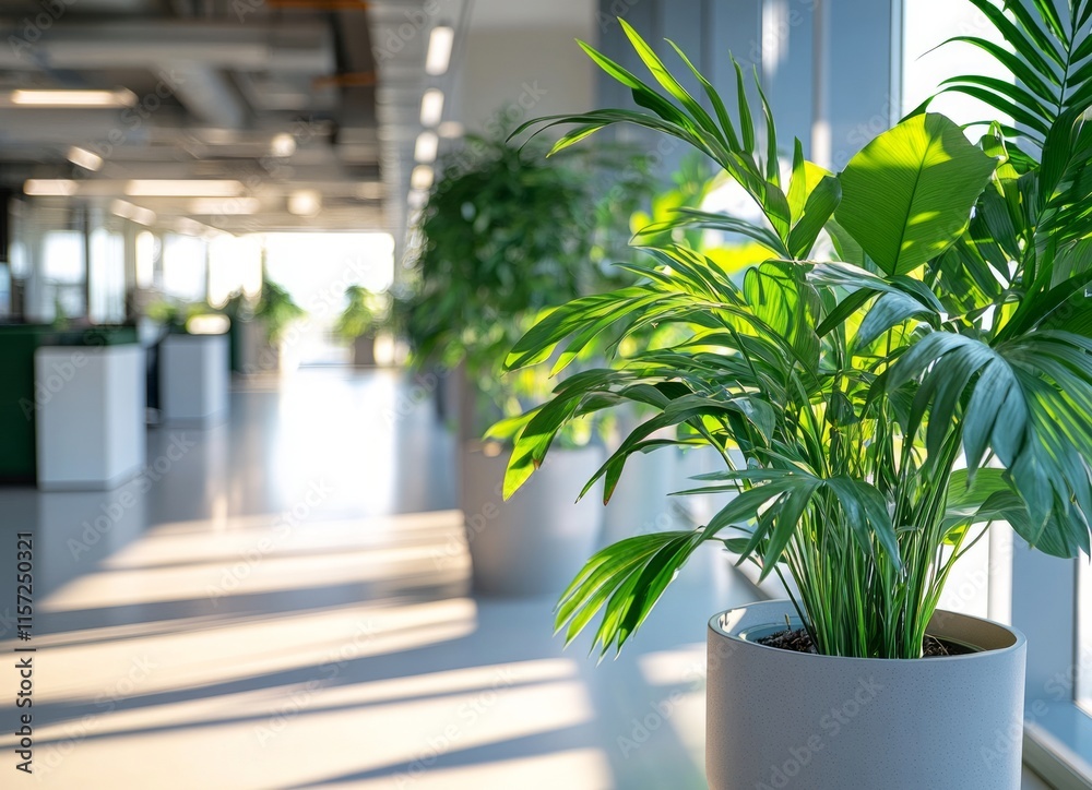 Fototapeta premium Green plant brightening modern office space with sunset light