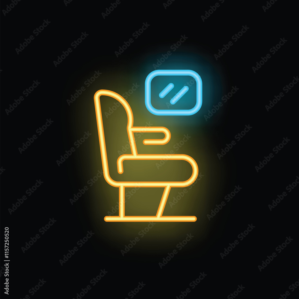 Neon sign of an airplane seat with an open window, evoking the excitement of air travel Neon sign of an airplane seat with an open window, evoking the excitement of air travel