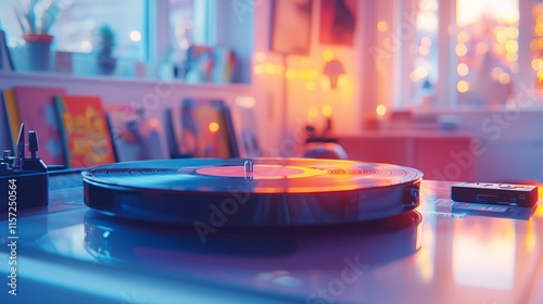 Wallpaper Mural Vinyl Record on Turntable in Cozy Room with Ambient Lighting Torontodigital.ca