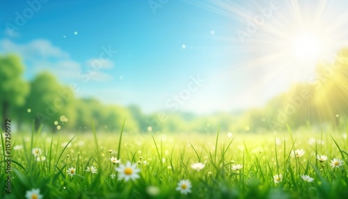 Sunny spring meadow with vibrant green grass, white daisies. Blue sky with soft sunbeams. Rich foliage in background. Perfect backdrop for spring season, gardens, eco themes. Great nature photo for