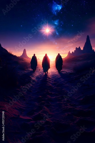 Three Wise Men Following the Bethlehem Star at Night: Mysterious Desert Journey in Long Robes. A mystical, serene scene capturing the journey of Epiphany. Vertical image. photo