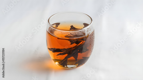 A photo of a glass filled with tea on a white background. photo