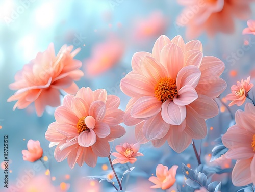 Delicate peach-colored flowers blooming in the garden against a pastel blue background with soft focus.  photo