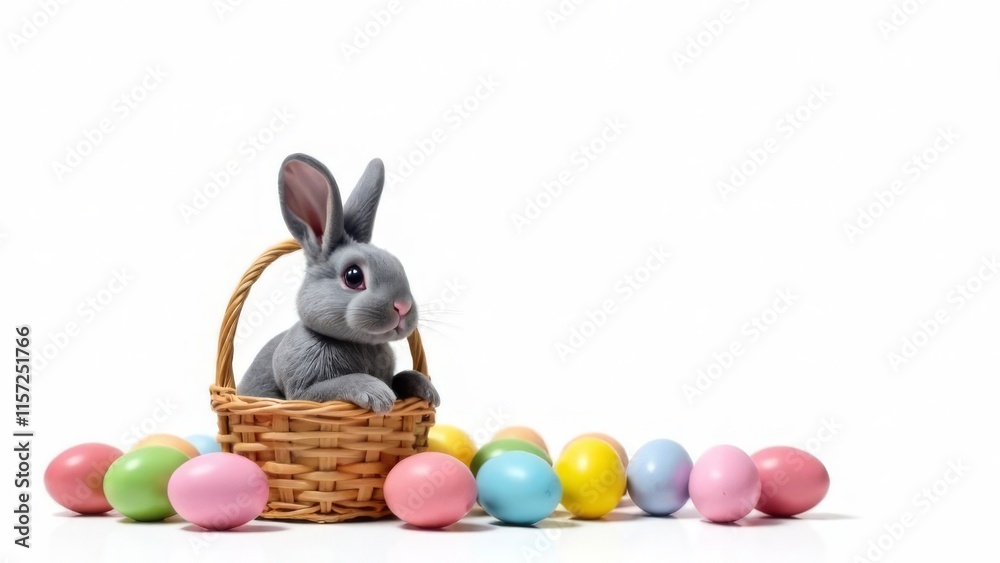 Fototapeta premium A cute bunny sits in a basket with Easter eggs around. white background. Place for text, congratulations. Happy Easter day concept and idea