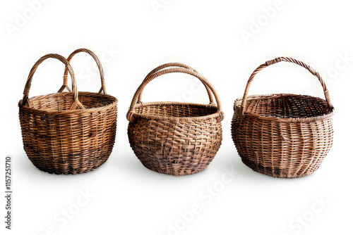 Three woven baskets of varying sizes and styles, showcasing craftsmanship and utility. isolated on white background