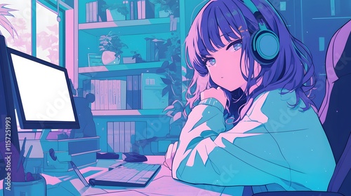 Purple-haired anime girl working on a notebook in a cozy office environment photo