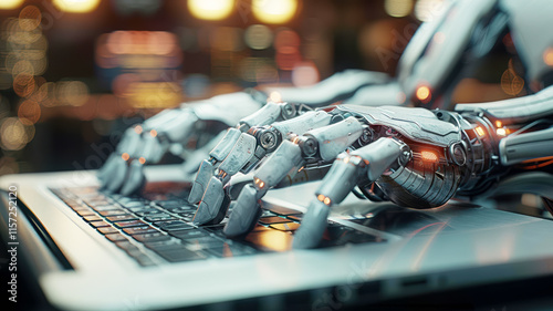 Mechanized industry robot and robotic arms for assembly in factory production.