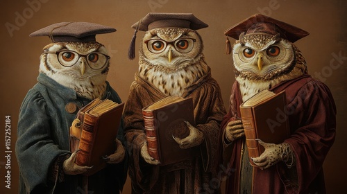 Wise Owls in Academic Regalia: Professors in Jewel Tones with Glasses and Mortarboard Caps, Holding Books Against a Rich Library Background. Detailed Feather Textures Highlighted. photo