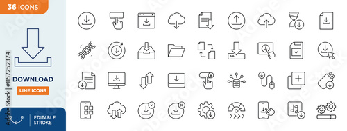 Download line editable icon set. Containing upload, document, link, download file, folder, data and more. Vector Illustration