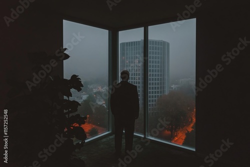 A shadowy HR manager mediating a tense workplace dispute in a dimly lit office with dark, moody decor
