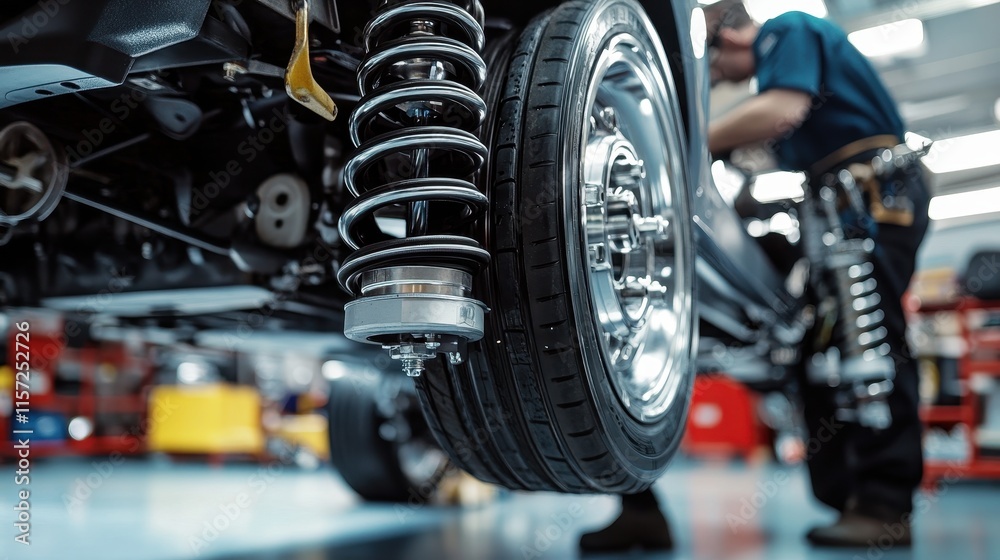 Fototapeta premium Extreme close-up of mechanic working on car s suspension system, undercarriage visible.