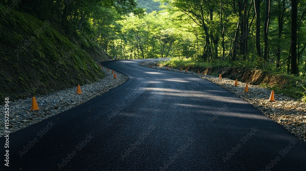Obraz premium The new asphalt road winds through lush green forest, background wallpaper AI generated image