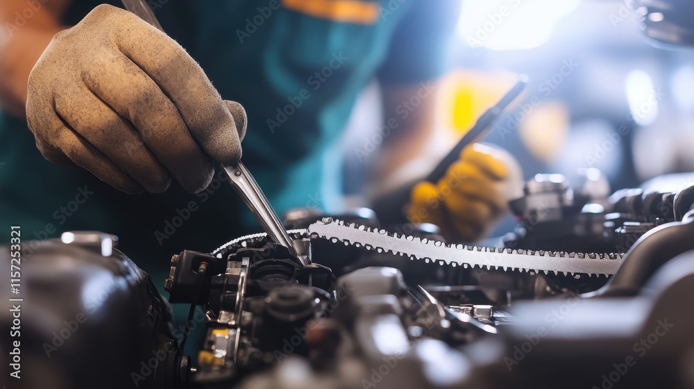 Close-up of a mechanic adjusting an engine timing belt with fine tools.