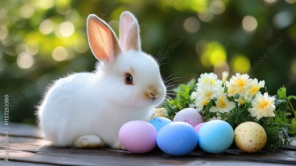 Fototapeta premium Simple Easter theme: Bunny, colorful eggs, and flowers arranged beautifully on a rustic wooden table.