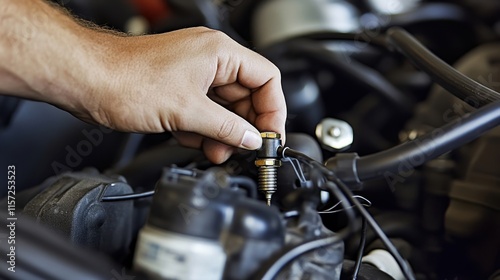 Macro shot of a mechanic s hand adjusting a spark plug wire, engine details visible. photo