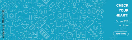 Medical banner with Line Art Pattern. White Lines on Blue with Symbols of Health