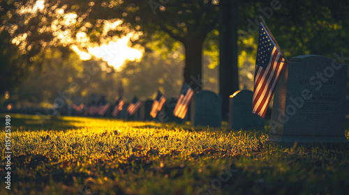 Memorial Day flags adorn graves in a peaceful cemetery at sunset. 