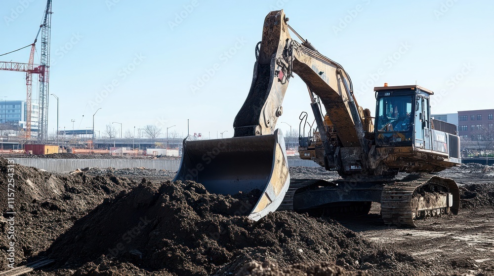 Fototapeta premium A giant excavator with a large bucket transports soil at a large-scale construction site, background wallpaper AI generated image