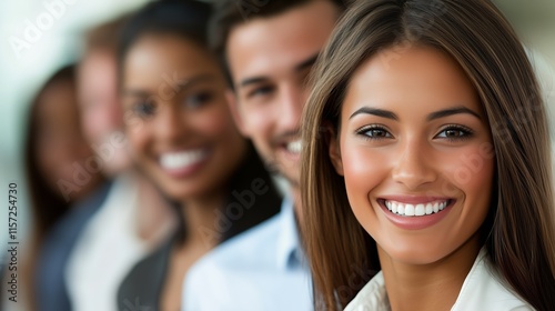 Happy, multiethnic business team of smiling young people standing together in an office.This image has ample copy space.