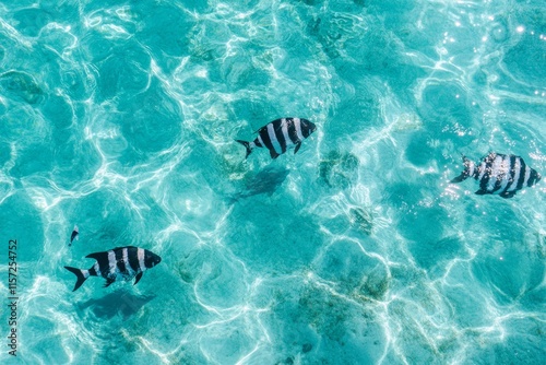 A sunny Caribbean holiday with people snorkeling in crystal-clear water, tropical fish swimming among coral reefs, and a yacht anchored nearby photo