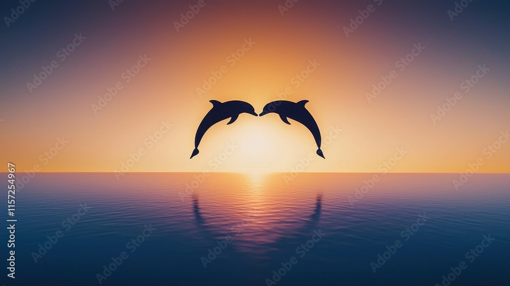 Naklejka premium Dancing Dolphins at Sunset Over Calm Ocean Waters with Vibrant Colors in the Sky