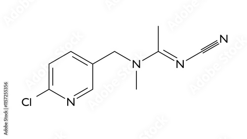 acetamiprid molecule, structural chemical formula, ball-and-stick model, isolated image insecticide photo