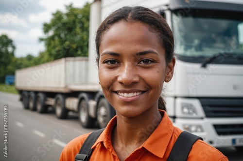 Close portrait of a smiling young Surinamese female truckdriver looking at the camera, against Surinamese blurred background. photo