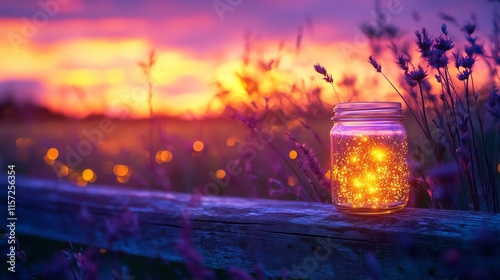 Magical Jar of Fireflies Illuminating a Lavender Field at Sunset