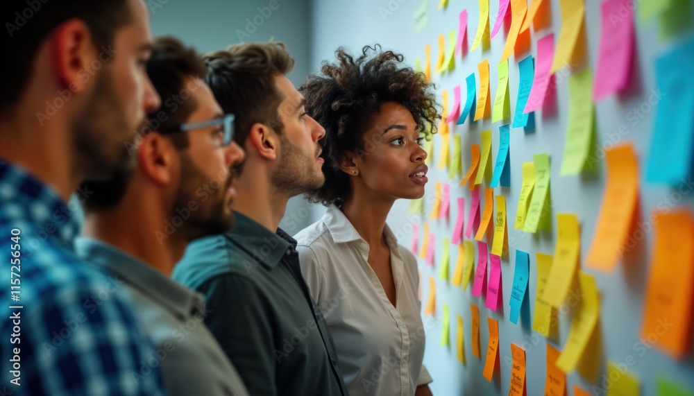 Business people brainstorm indoor. Group of diverse business professionals stand together around whiteboard covered with colorful sticky notes. Look intently at ideas on display. Teamwork, Business people brainstorm indoor. Group of diverse business professionals stand together around whiteboard covered with colorful sticky notes. Look intently at ideas on display. Teamwork,
