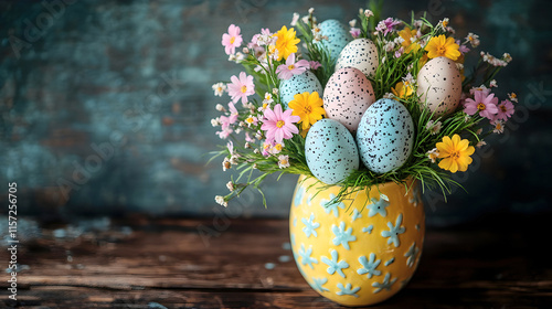 Rustic and elegant bouquet of pastel eggs and bright blossoms displayed in a handcrafted yellow vase, an inspiring image for festive advertisements or home styling ideas. Selective focus photo