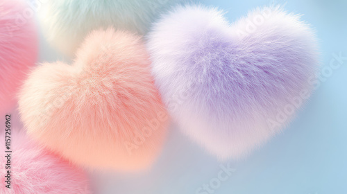 Love Hearts. Valentine's day Background. Pastel fluffy hearts with soft textures, romantic Valentine's Day decor in dreamy pink, blue, and purple tones, perfect for love-themed design aesthetics