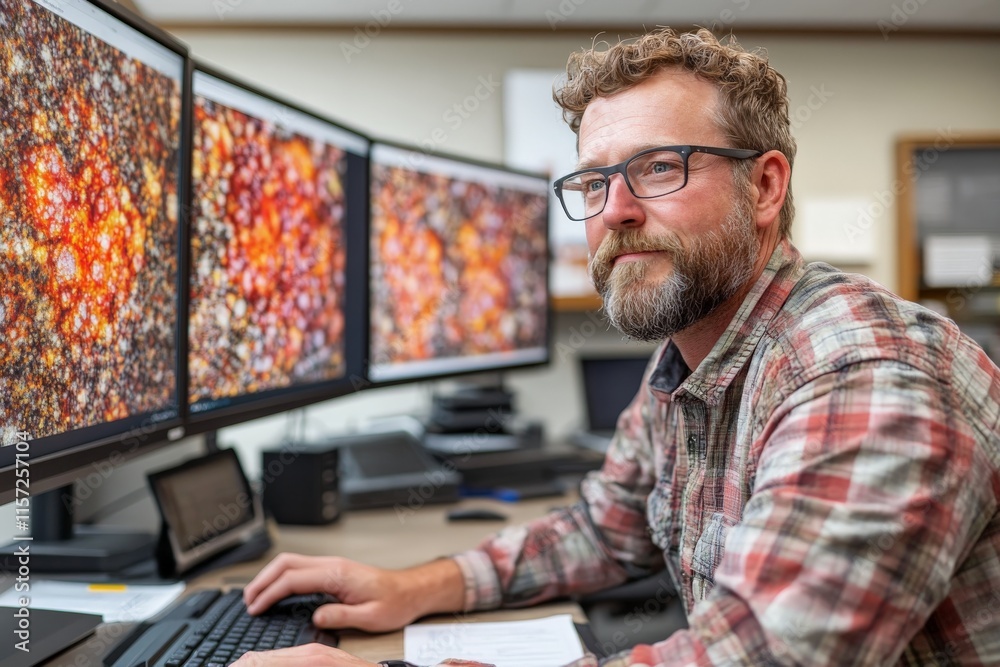 A scientist wearing glasses is focused on analyzing detailed images displayed across three computer screens, showcasing their dedication to research and technology. A scientist wearing glasses is focused on analyzing detailed images displayed across three computer screens, showcasing their dedication to research and technology.