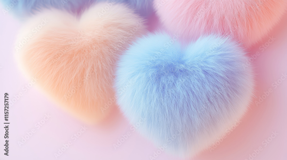 Fluffy pastel hearts with soft texture, romantic decoration for Valentine's Day, cute love symbols in pastel pink, blue, and purple tones, cozy and tender aesthetic design Fluffy pastel hearts with soft texture, romantic decoration for Valentine's Day, cute love symbols in pastel pink, blue, and purple tones, cozy and tender aesthetic design