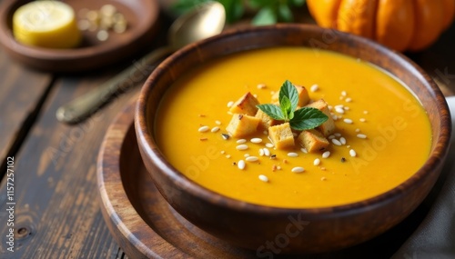 Creamy pumpkin soup in a rustic wooden bowl with croutons and seeds, healthy, vegan