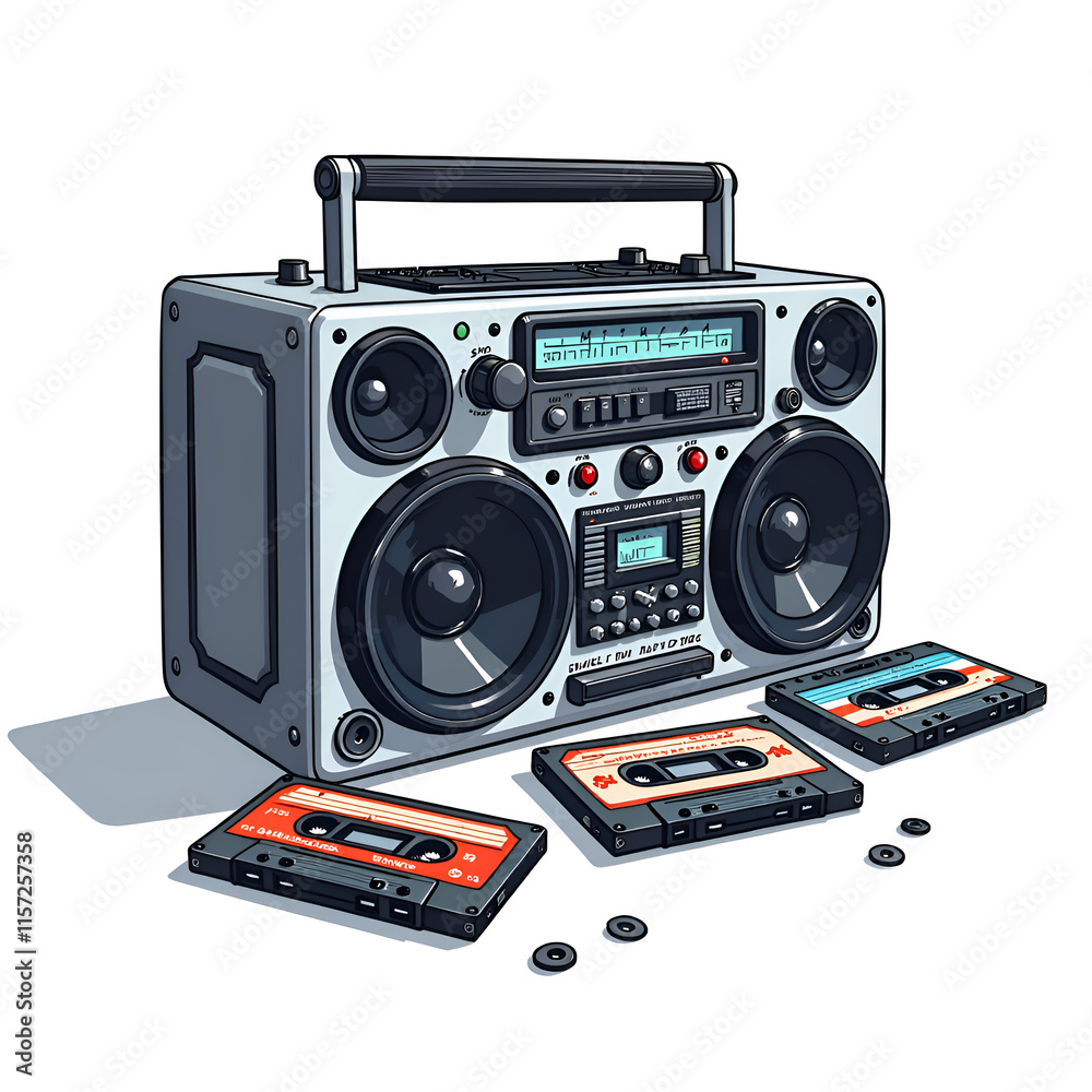Fototapeta premium Vintage boombox with cassette tapes a nostalgic tribute to 80s music culture, digital art of still life concept.